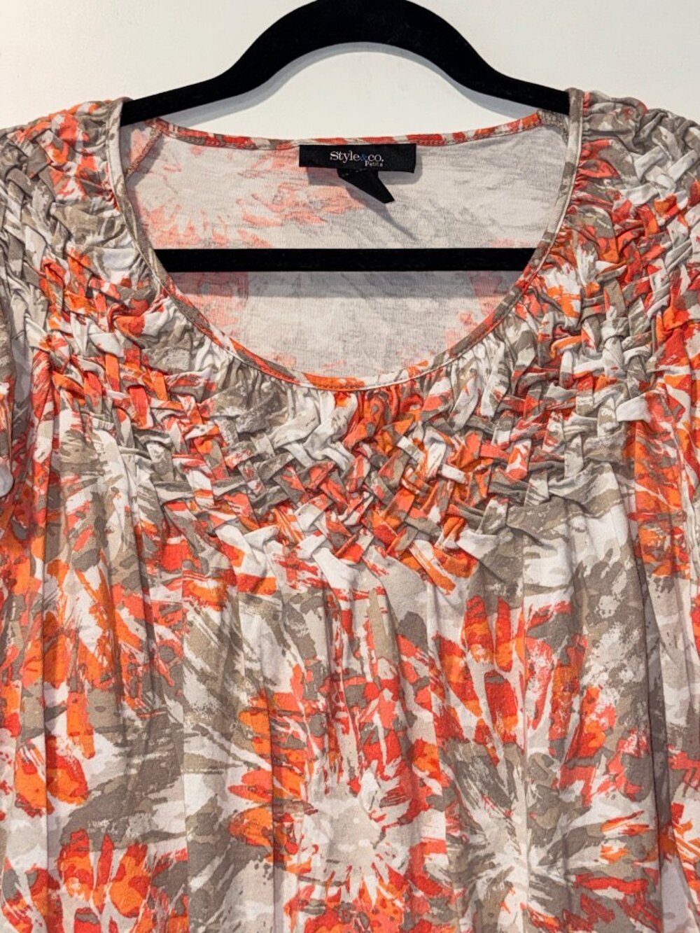 Style & Co. Flowy Abstract Floral Short-Sleeve Coral & Tan Cotton Blouse